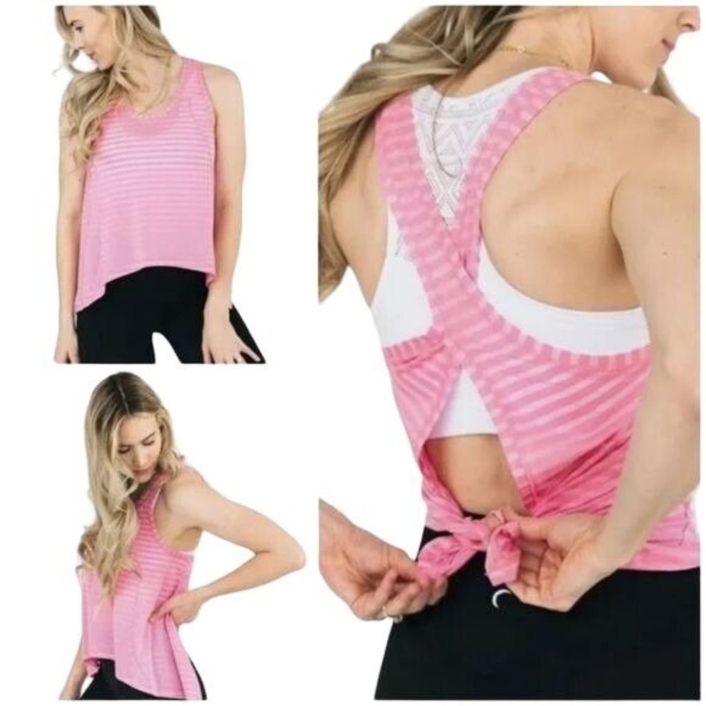 Zyia Active Womens Balletcore Athleisure Tank Top L Pink Open Tie Back Striped